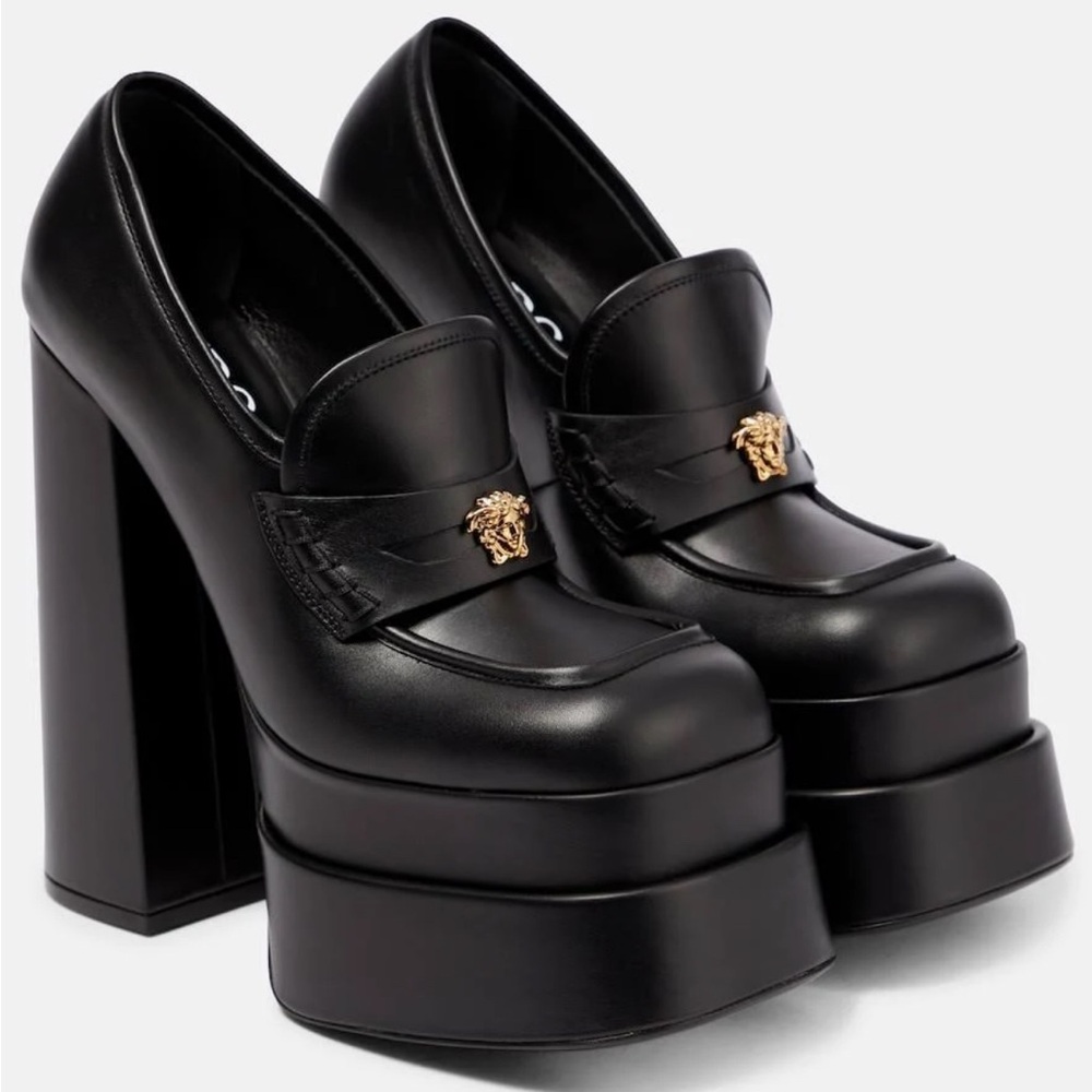 Versace Black Leather Platform Loafers with Gold Medusa